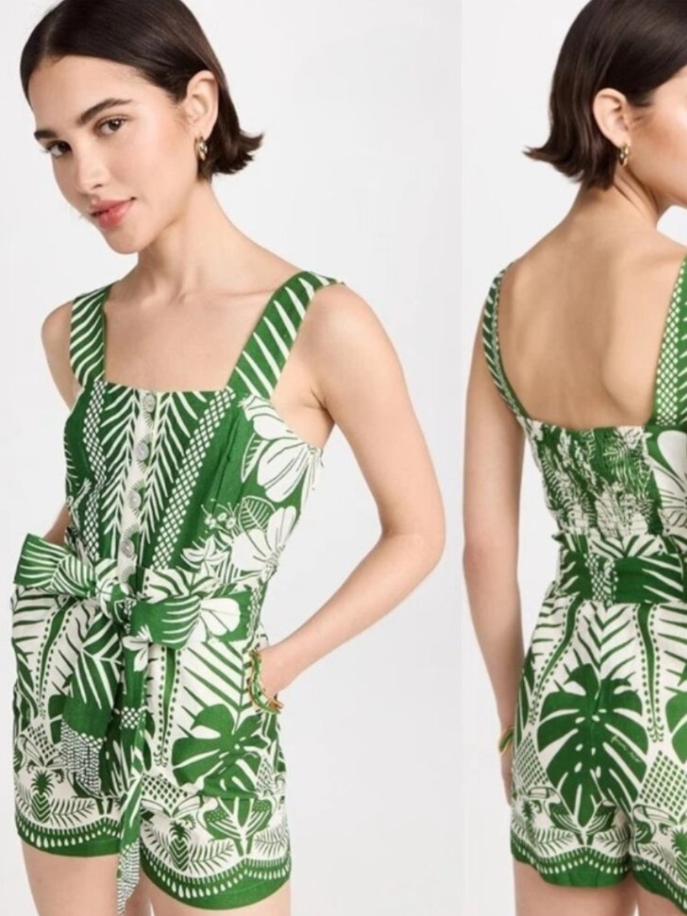 Rachel Zoe Green & White Tropical Print Sleeveless Linen Shorts Romper - Picture 2 of 11